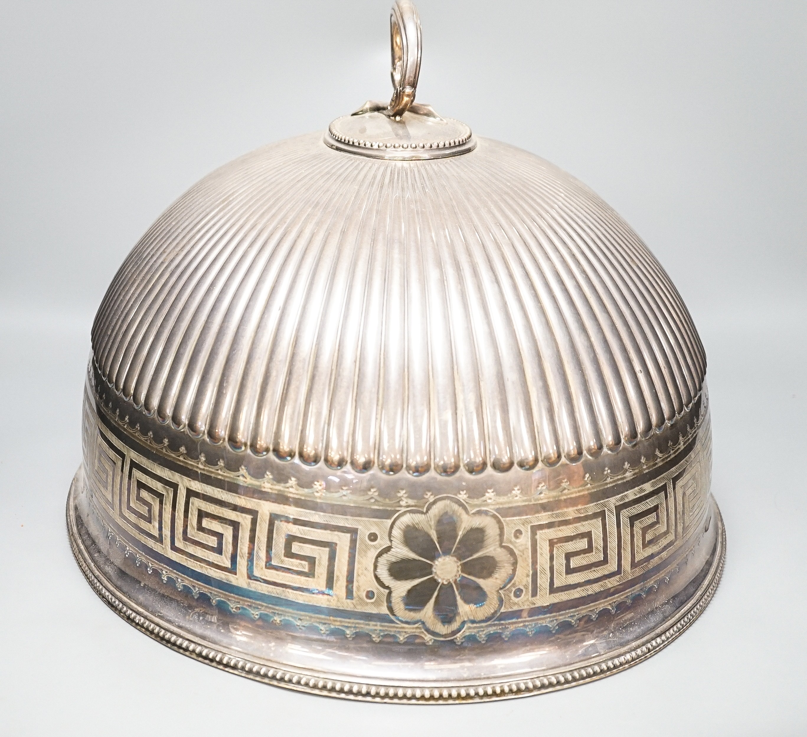 A large ribbed silver plated cloche/meat cover, 35 cms high including handle.